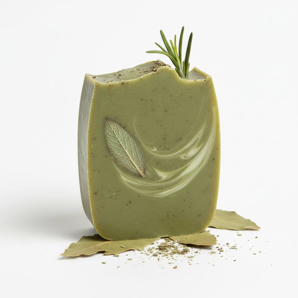 Handcrafted botanical soap with peppermint and tea tree.